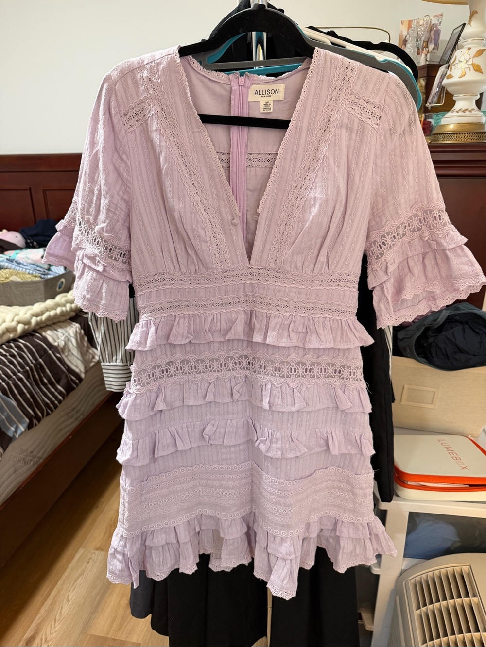 Lavender Allison Lace Ruffle Mini Dress - size small